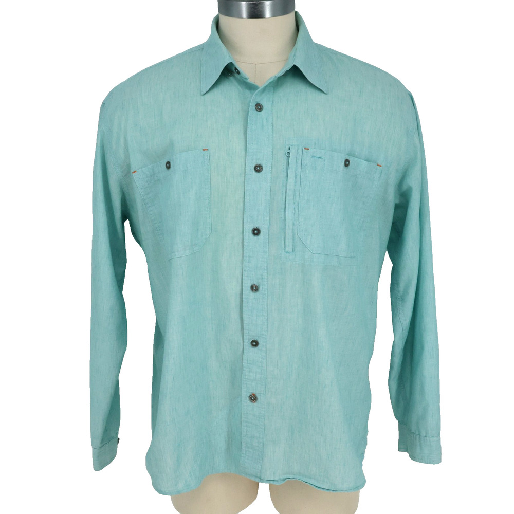 Orvis Shirt Mens 2XL Blue Green Linen Blend Pockets Button Down Casual Gorpcore